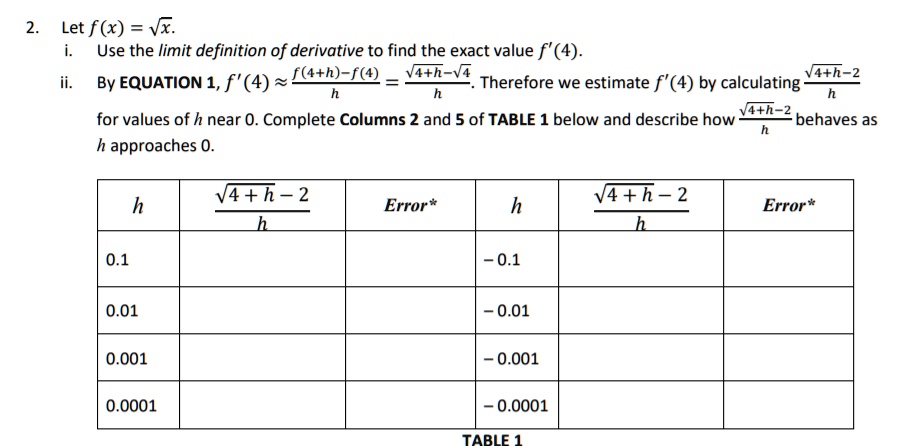 2. Let f(x) = ??x?.
i. Use the limit definition of derivative to find the exact value f'(4).
ii. By EQUATION 1, f'(4) ? (f(4+h)-f(4))/h = (??4?+?h?-??4?)/h. Therefore we estimate f'(4) by calculating (??4?+?h?-2)/h for values of h near 0. Complete Columns 2 and 5 of TABLE 1 below and describe how (??4?+?h?-2)/h behaves as h approaches 0.

| h | (??4?+?h?-2)/h | Error* | h | (??4?+?h?-2)/h | Error* |
|—|—|—|—|—|—|
| 0.1 | | | - 0.1 | | |
| 0.01 | | | - 0.01 | | |
| 0.001 | | | - 0.001 | | |
| 0.0001 | | | - 0.0001 | | |

TABLE 1