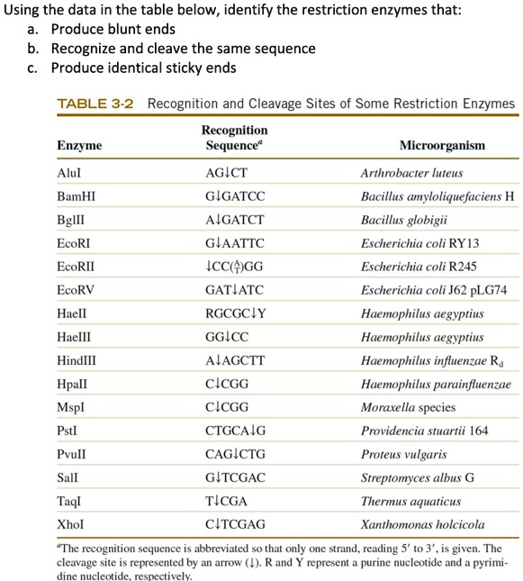 Using the data in the table below, identify the restriction enzymes
