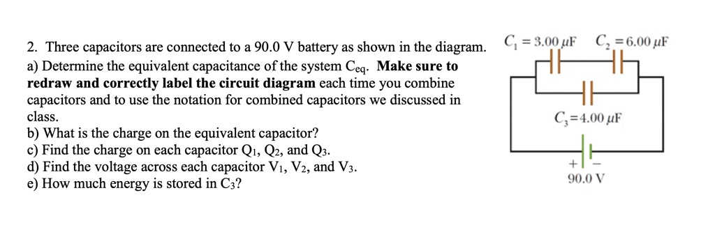 SOLVED: Three capacitors are connected to a 90.0 V battery as shown in ...
