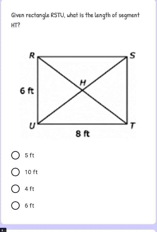 SOLVED Given rectangle RSTU, what is the length of segment HT? S 6 6 8