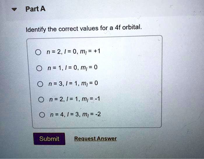 SOLVED: Part A Identify the correct values for a 4f orbital: n=2,/=0,m