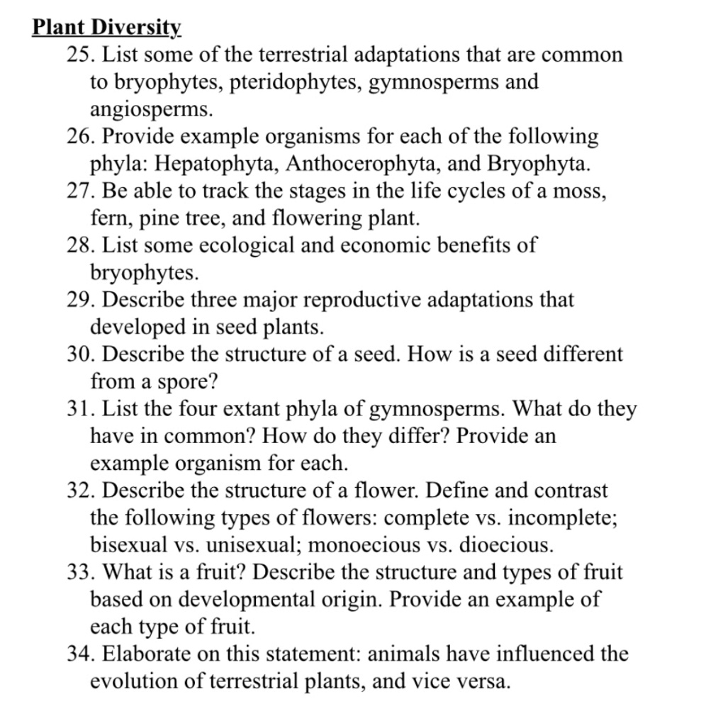 SOLVED Plant Diversity 25. List some of the terrestrial adaptations