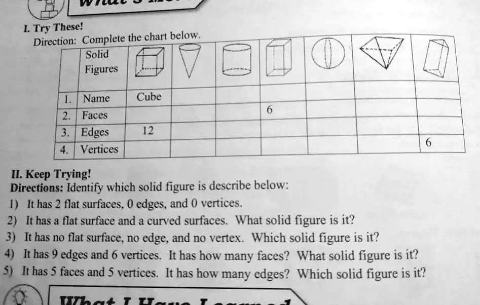 I. Try These! Direction: Complete the chart below. Solid Figures 1 ...