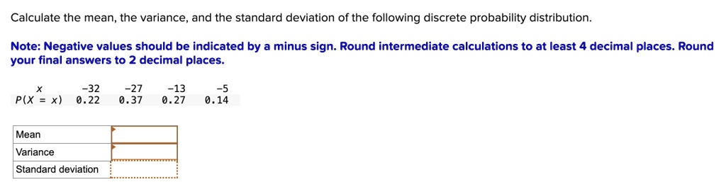 calculate the mean the variance and the standard deviation of the following discrete probability distribution note negative values should be indicated by a minus sign round intermediate calc 03488