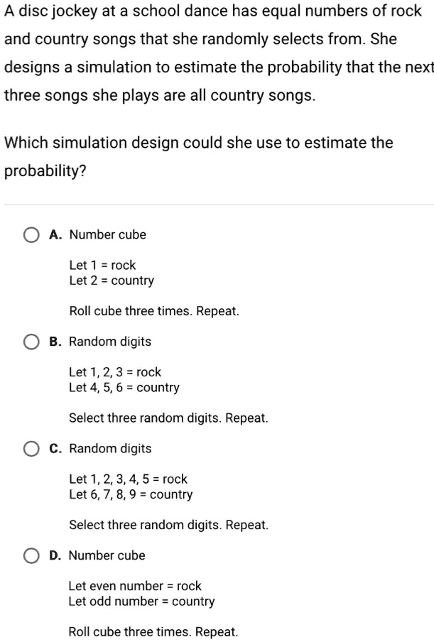 Probability Song SOLVED: A disc jockey at a school dance has equal numbers f rock and ...