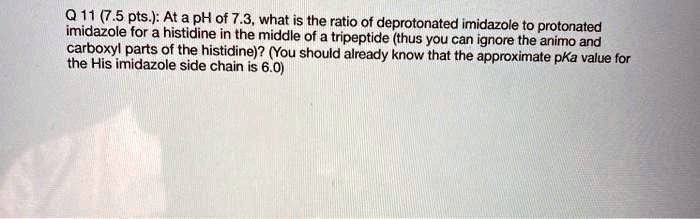 At a pH of 7.3, what is the ratio of deprotonated imidazole to protonated imidazole for a histidine in the middle of a tripeptide (thus you can ignore the animo and carboxyl parts of the histidine)? (You should already know that the approximate pKa value for the His imidazole side chain is 6.0)