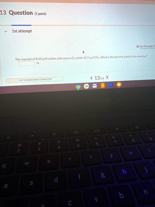 The reaction of 8.10 g of carbon with excess O2 yields 10.7 g of CO2. What is the percent yield of this reaction?
%