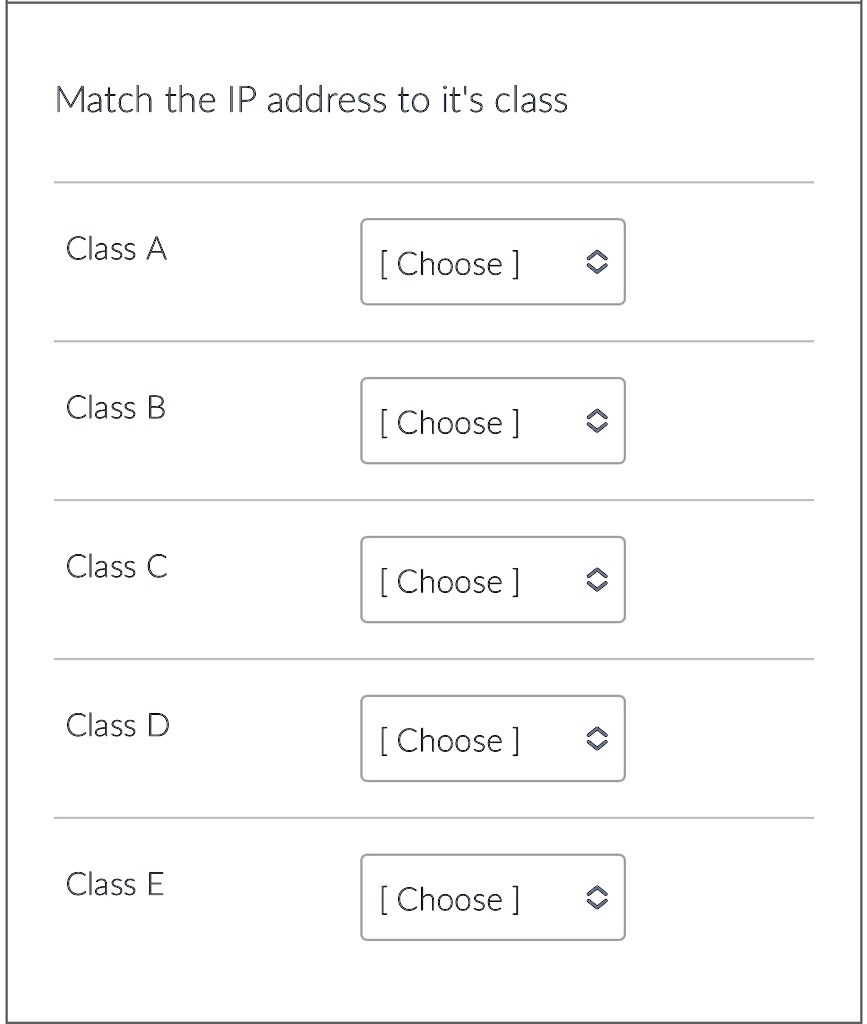 Ip Address Without Class SOLVED: Match the IP address to it's class ass A Class B Class C Class ...