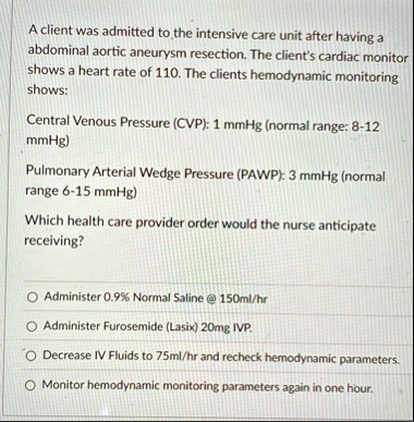 a client was admitted to the intensive care unit after having a ...