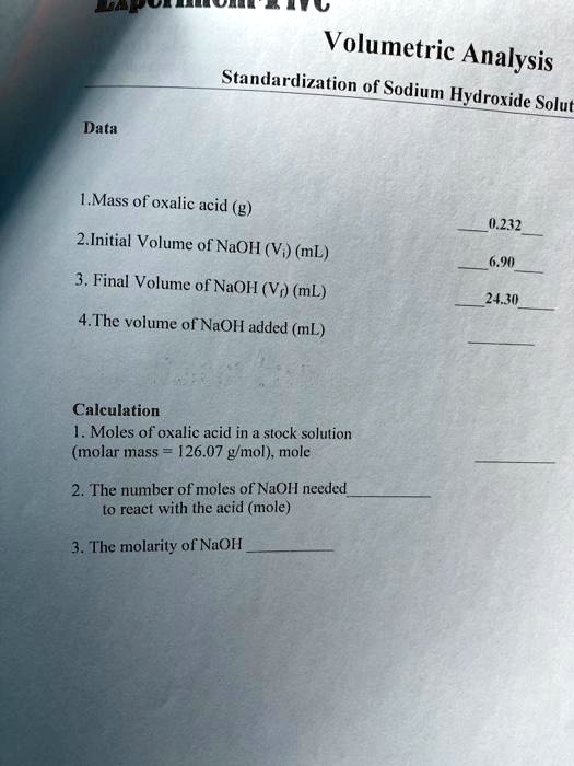 Volumetric Analysis Standardization of Sodium Hydroxide Solution Data