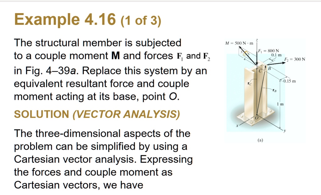 example 416 1 of 3 the structural member is subjected to a couple moment m and forces f1 and f2 in fig 439a replace this system by an equivalent resultant force and couple moment acting at 95227