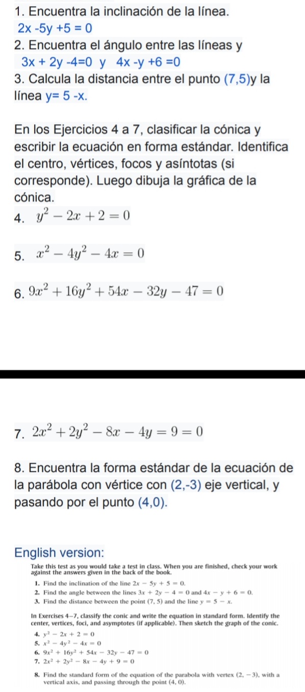 Solved 1 Encuentra La Inclinacion De La Linea 2 X 5 Y 5 0 2 Encuentra El Angulo Entre Las Lineas Y 3 X 2 Y 4 0 Quad Y Quad 4 X Y 6 0 3 Calcula