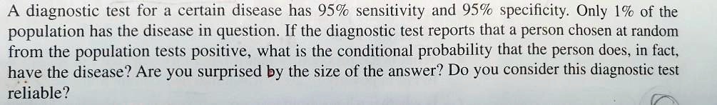 A diagnostic test for a certain disease has 95% sensitivity and 95% specificity. Only 1% of the population has the disease in question. If the diagnostic test reports that a person chosen at random from the population tests positive, what is the conditional probability that the person does, in fact, have the disease? Are you surprised by the size of the answer? Do you consider this diagnostic test reliable?