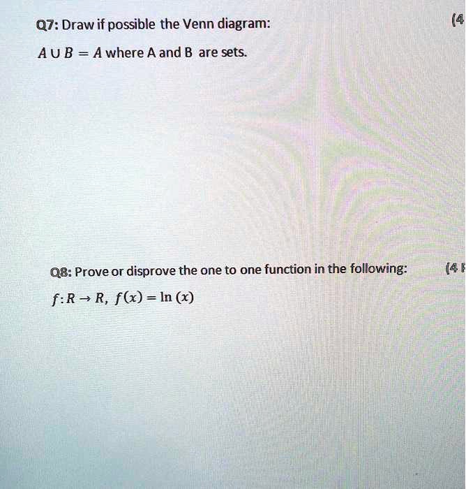 SOLVED: Q7: Draw if possible the Venn diagram: Au B = A where A and B ...
