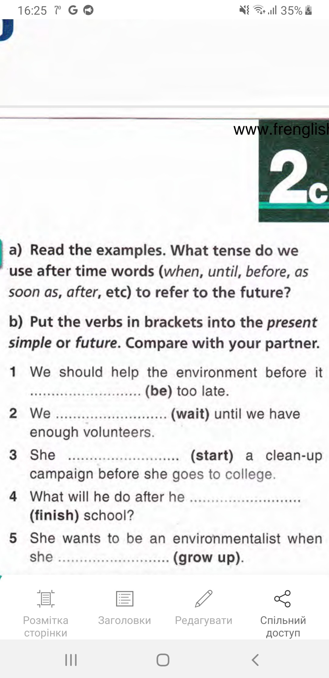 16: 257^∘𝐆D WW w.frenglis 2c a) Read the examples. What tense do we use ...