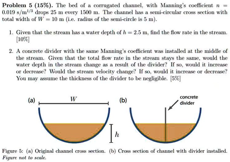 Problem 5 (15%). The bed of a corrugated channel, with Manning's coefficient n = 0.019 s/m^1/3 drops 25 m every 1500 m. The channel has a semi-circular cross section with total width of W = 10 m (i.e. radius of the semi-circle is 5 m).

1. Given that the stream has a water depth of h = 2.5 m, find the flow rate in the stream. [10%]

2. A concrete divider with the same Manning's coefficient was installed at the middle of the stream. Given that the total flow rate in the stream stays the same, would the water depth in the stream change as a result of the divider? If so, would it increase or decrease? Would the stream velocity change? If so, would it increase or decrease? You may assume the thickness of the divider to be negligible. [5%]

Figure 5: (a) Original channel cross section. (b) Cross section of channel with divider installed. Figure not to scale.