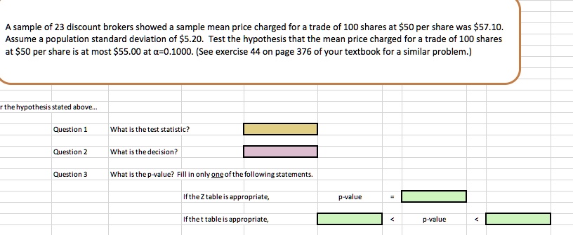 A sample of 23 discount brokers showed a sample mean price charged for a trade of 100 shares at 50 per share was57.10. Assume a population standard deviation of 5.20. Test the hypothesis that the mean price charged for a trade of 100 shares at50 per share is at most 55.00 at ?=0.1000. (See exercise 44 on page 376 of your textbook for a similar problem.)

r the hypothesis stated above...

Question 1 What is the test statistic?
Question 2 What is the decision?
Question 3 What is the p-value? Fill in only one of the following statements.
If the Z table is appropriate, p-value =
If the t table is appropriate, < p-value <