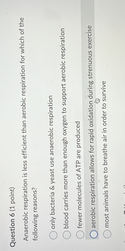 SOLVED: Question 6 (1 point) Anaerobic respiration is less efficient ...