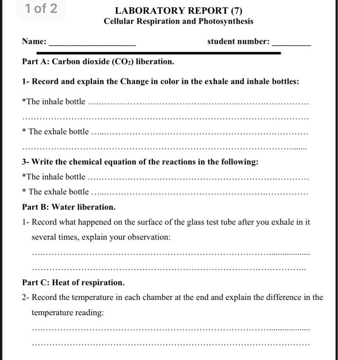 SOLVED 1 of 2 LABORATORY REPORT (7) Cellular Respiration and
