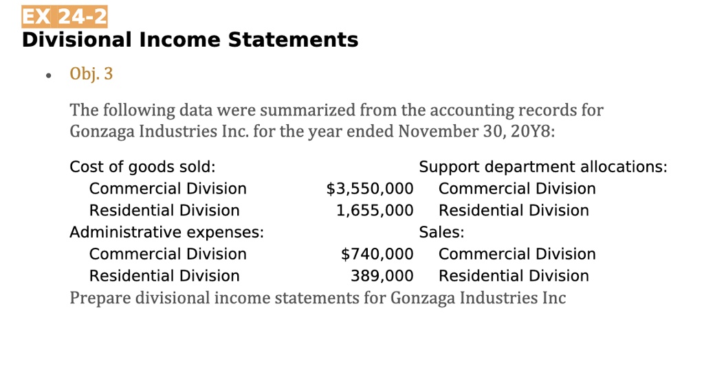 Divisional Income Statement Example SOLVED: Show steps and solutions EX 24-2 Divisional Income Statements ...