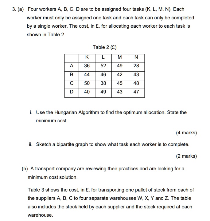 3. (a) Four workers A, B, C, D are to be assigned four tasks (K, L, M, N). Each
worker must only be assigned one task and each task can only be completed
by a single worker. The cost, in £, for allocating each worker to each task is
shown in Table 2.
Table 2 (£)
K
L
M
N
A
36
52
49
28
B
44
46
42
43
C
50
38
45
48
D
40
49
43
47
i. Use the Hungarian Algorithm to find the optimum allocation. State the
minimum cost.
(4 marks)
ii. Sketch a bipartite graph to show what task each worker is to complete.
(2 marks)
(b) A transport company are reviewing their practices and are looking for a
minimum cost solution.
Table 3 shows the cost, in £, for transporting one pallet of stock from each of
the suppliers A, B, C to four separate warehouses W, X, Y and Z. The table
also includes the stock held by each supplier and the stock required at each
warehouse.