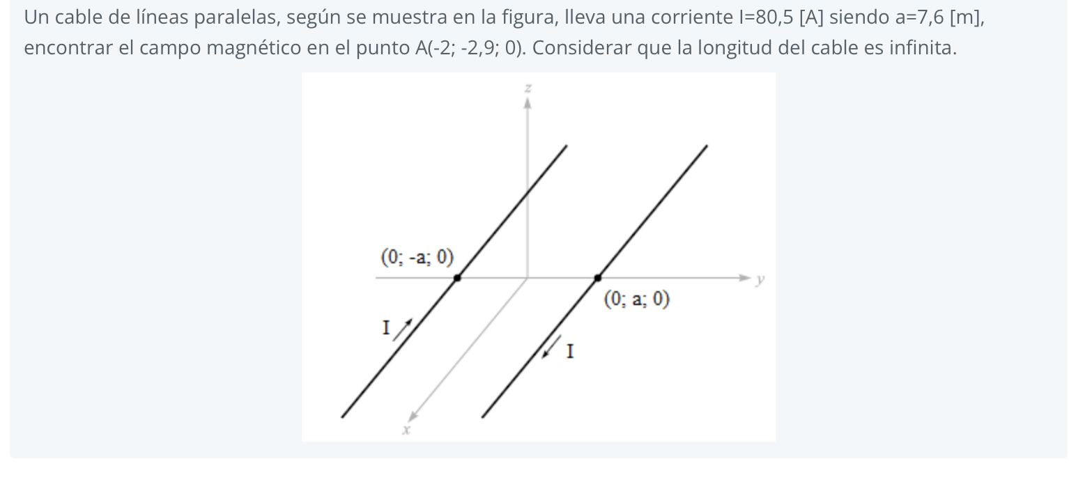 Un cable de líneas paralelas, segùn se muestra en la figura, lleva una corriente I=80,5 [A] siendo a=7,6 [m], encontrar el campo magnético en el punto A(-2; -2,9; 0). Considerar que la longitud del cable es infinita.