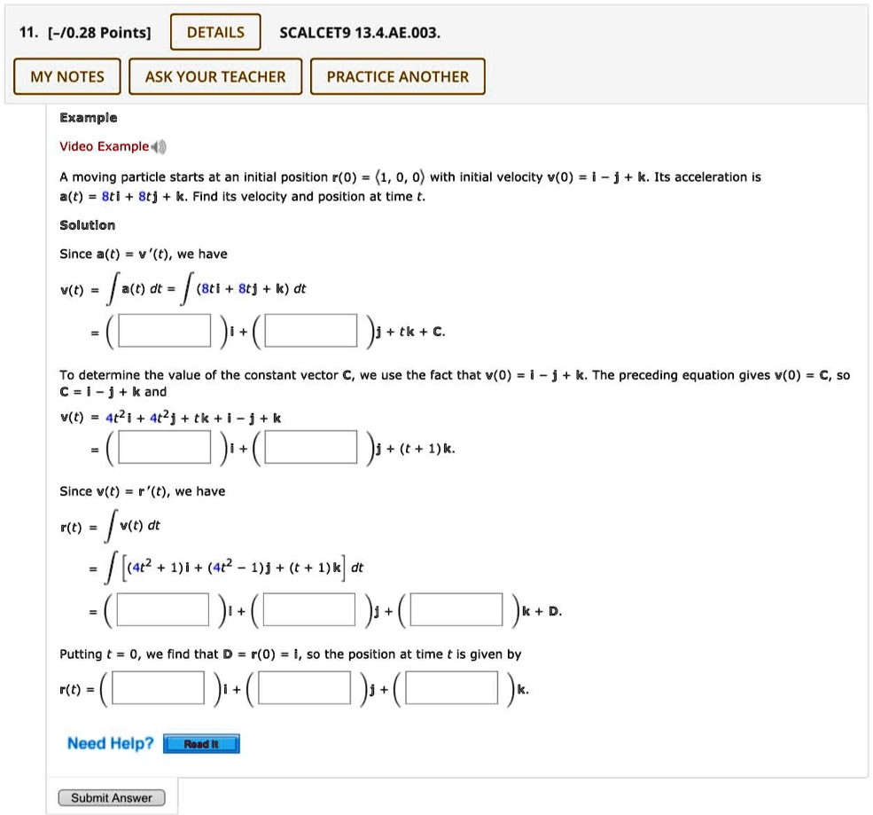 texts 11 028 points details scalcet9134ae003 my notes ask your teacher practice another example video example a moving particle starts at an initial position r0 100 with initial velocity v0  09672