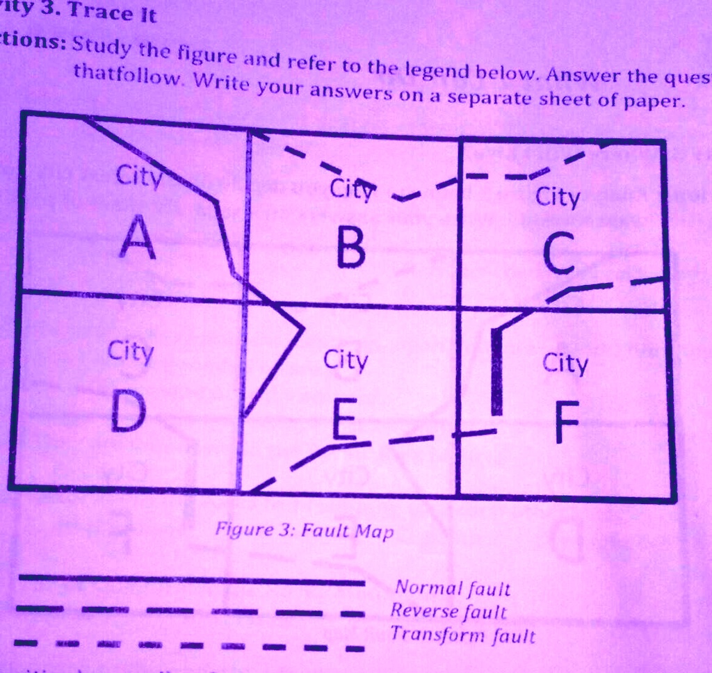 Study the figure and refer to the legend below. Answer the questions that follow. Write your answers on a separate sheet of paper.
City A
City B
City C
City D
City E
City F
Figure 3: Fault Map
Normal fault
Reverse fault
Transform fault