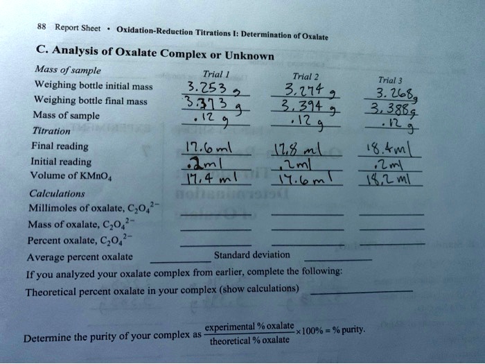 SOLVED Text Report Sheet OxidationReduction Titrations Determination of Oxalate C Analysis of