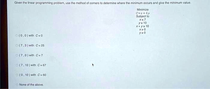 SOLVED: Given the linear programming problem, use the method of corners ...
