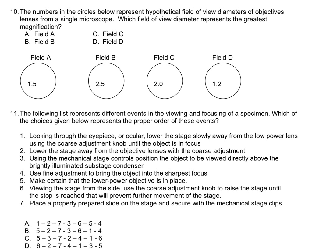 SOLVED 10. The numbers in the circles below represent hypothetical field of view diameters of