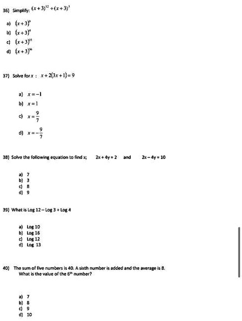 Solved 36 Simplify 3 1 3 3 6 3 3 X 3 37 Sotva Ior Itit W X 1 Bi Xe 38 Solve Tha Followine Cquation Mnde Ie79a1 2 8y 10 39 Whzt I Log 12 Log