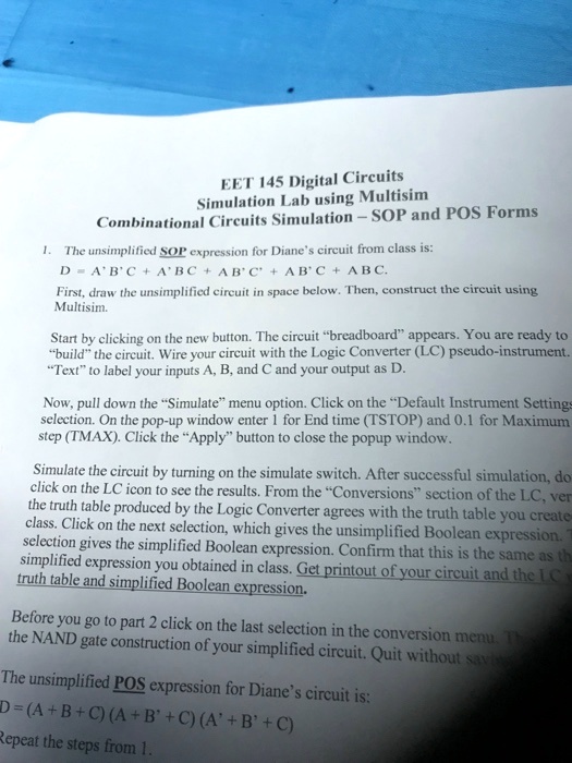 EET 145 Digital Circuits Simulation Lab using Multisim Combinational ...
