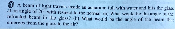 A beam of light travels inside an aquarium full with water and hits the glass at an angle of 20° with respect to the normal. (a) What would be the angle of the refracted beam in the glass? (b) What would be the angle of the beam that emerges from the glass to the air?