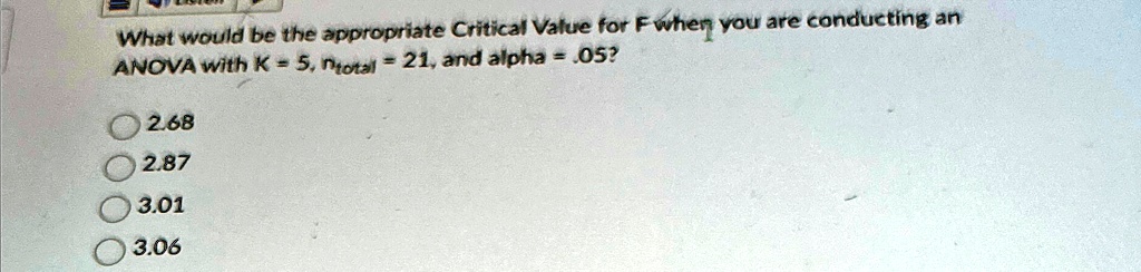 What would be the appropriate Critical Value for F when you are conducting an ANOVA with K = 5, ntotal = 21, and alpha = .05?
2.68
2.87
3.01
3.06