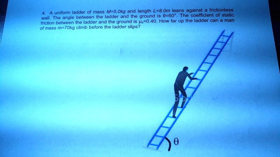 SOLVED A uniform ladder of mass M = 50 kg and length L = 8.0 m leans