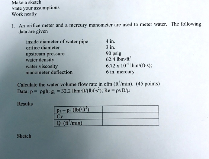 Solved Make A Sketch State Your Assumptions Work Neatly An Orifice Meter And A Mercury