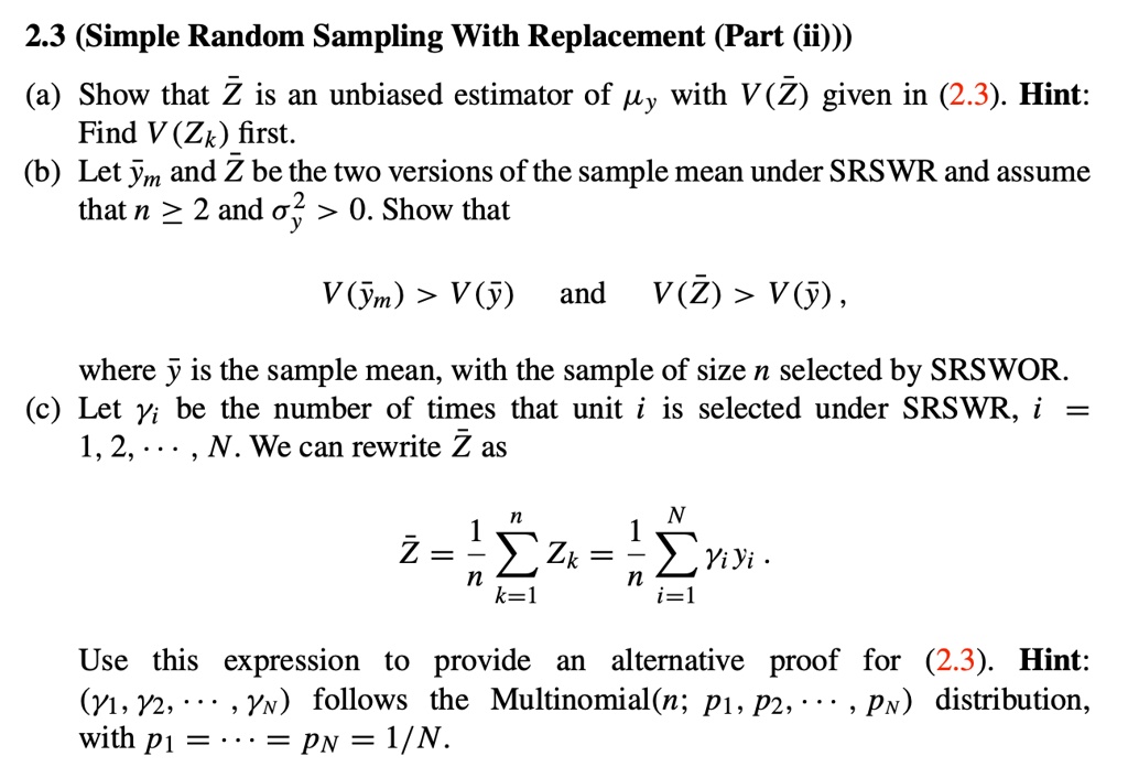 2.3 (Simple Random Sampling With Replacement (Part (ii))) (a) Show that ...