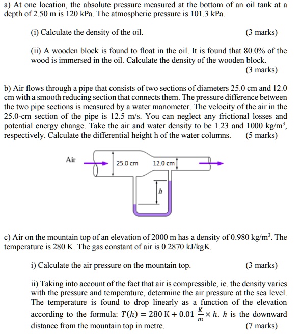 a at one location the absolute pressure measured at the bottom of an oil tank at a depth of 250 m is 120 kpa the atmospheric pressure is 1013 kpa i calculate the density of the oil 3 marks i 83628
