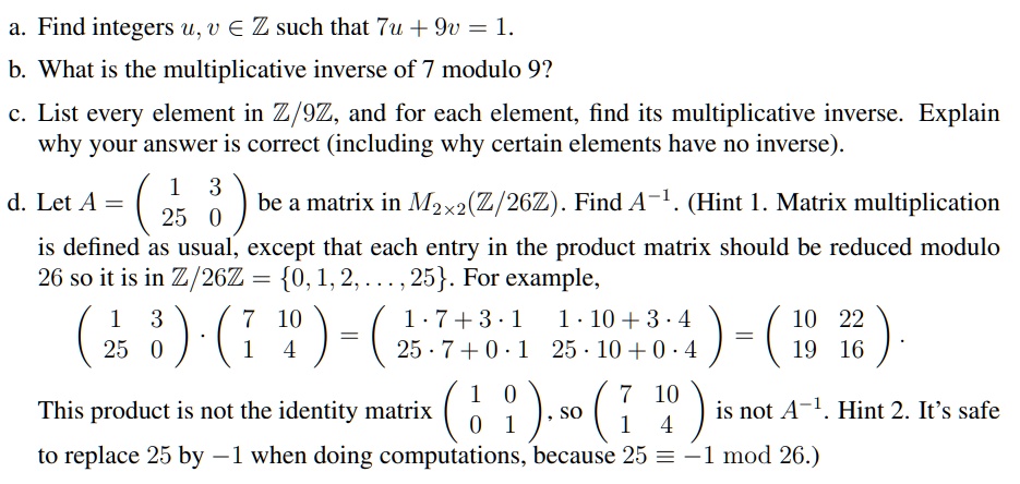 Solved Find Integers U U âˆˆ Z Such That Tu 9v 1 B What Is The Multiplicative Inverse Of 2765