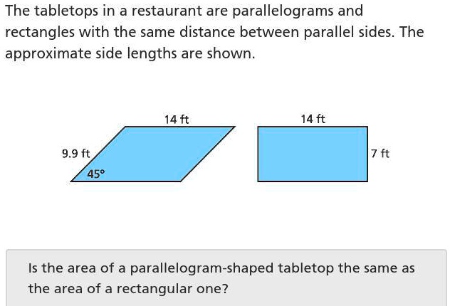 SOLVED: 'The tabletops in a restaurant are parallelograms and ...