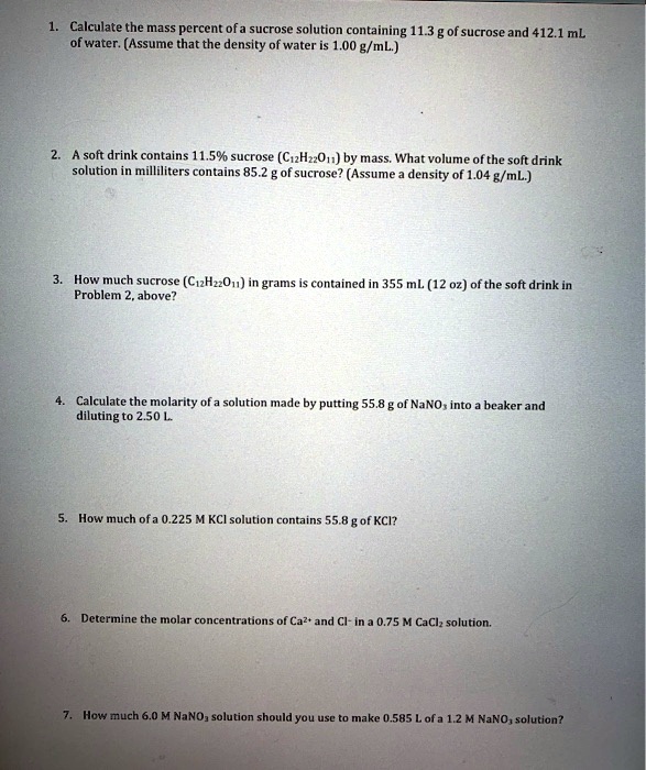 SOLVED Calculate the mass percent of a sucrose solution containing 113