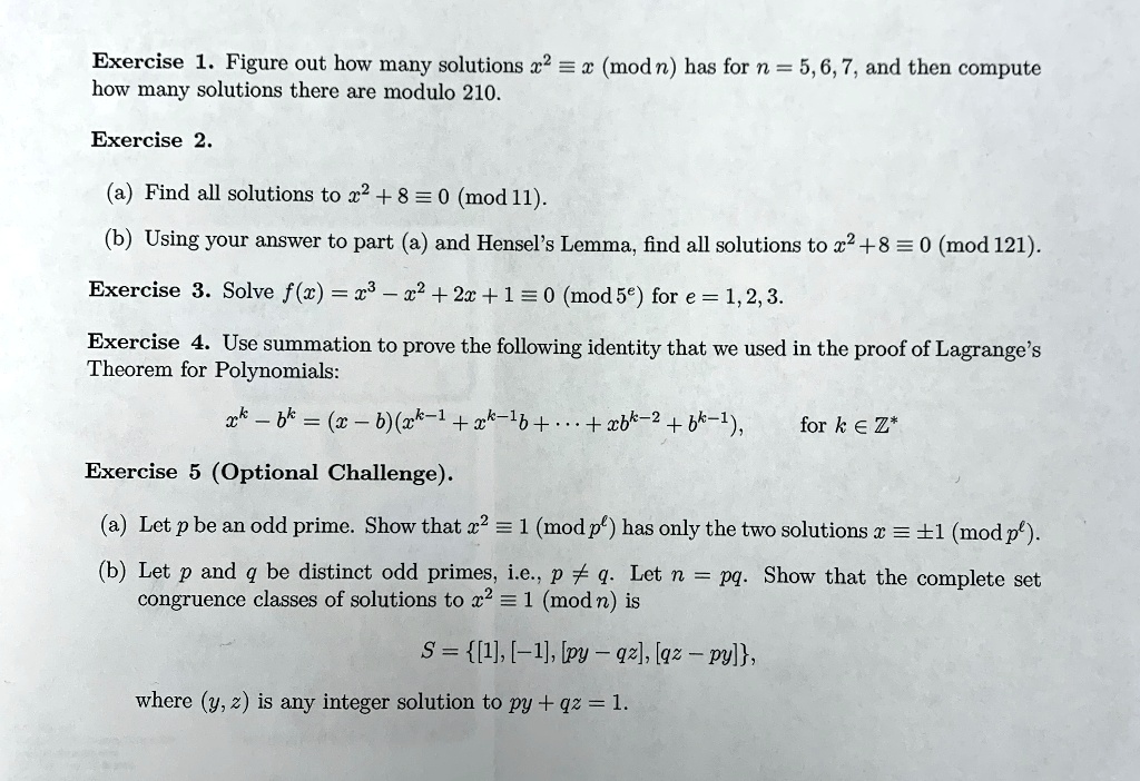 Solved Exercise 1 Figure Out How Many Solutions 2 A Modn Has For N 5 6 7 And Then Compute How Many Solutions There Are Modulo 210 Exercise Find All Solutions To 22