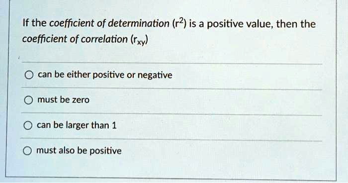 If the coefficient of determination (r²) is a positive value, then the coefficient of correlation (rxy)

can be either positive or negative
must be zero
can be larger than 1
must also be positive