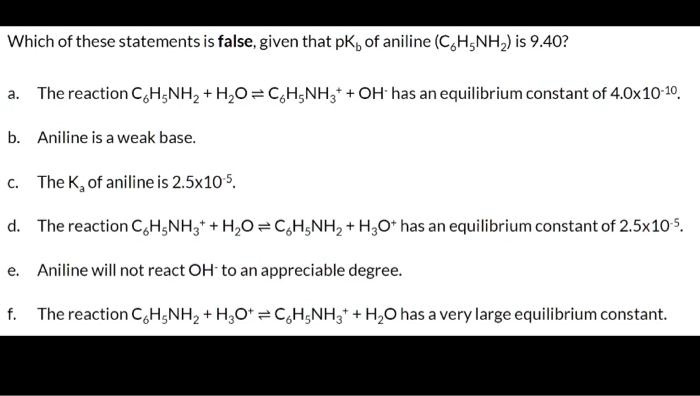 Which of these statements is false, given that pKb of aniline (C6H5NH2) is 9.40?

a. The reaction C6H5NH2 + H2O ? C6H5NH3+ + OH- has an equilibrium constant of 4.0x10-10.

b. Aniline is a weak base.

c. The Ka of aniline is 2.5x10-5.

d. The reaction C6H5NH3+ + H2O ? C6H5NH2 + H3O+ has an equilibrium constant of 2.5x10-5.

e. Aniline will not react OH- to an appreciable degree.

f. The reaction C6H5NH2 + H3O+ ? C6H5NH3+ + H2O has a very large equilibrium constant.