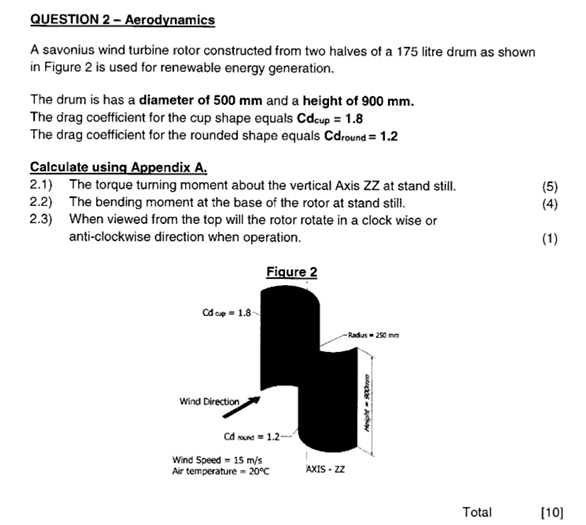 question 2 aerodynamics a savonius wind turbine rotor constructed from two halves of a 175 litre drum as shown in figure 2 is used for renewable energy generation the drum is has a diameter  66644