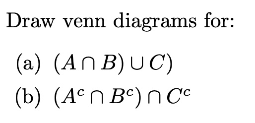 SOLVED: Draw Venn Diagrams For: (a) (A âˆ© B) âˆª C (b) (A' âˆ© B âˆ© C)