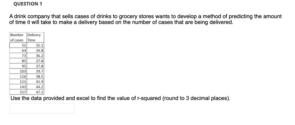 A drink company that sells cases of drinks to grocery stores wants to develop a method of predicting the amount of time it will take to make a delivery based on the number of cases that are being delivered.

Number of cases Delivery Time
52 32.1
64 34.8
73 36.2
85 37.8
95 37.8
103 39.7
116 38.5
121 41.9
143 44.2
157 47.1

Use the data provided and excel to find the value of r-squared (round to 3 decimal places).