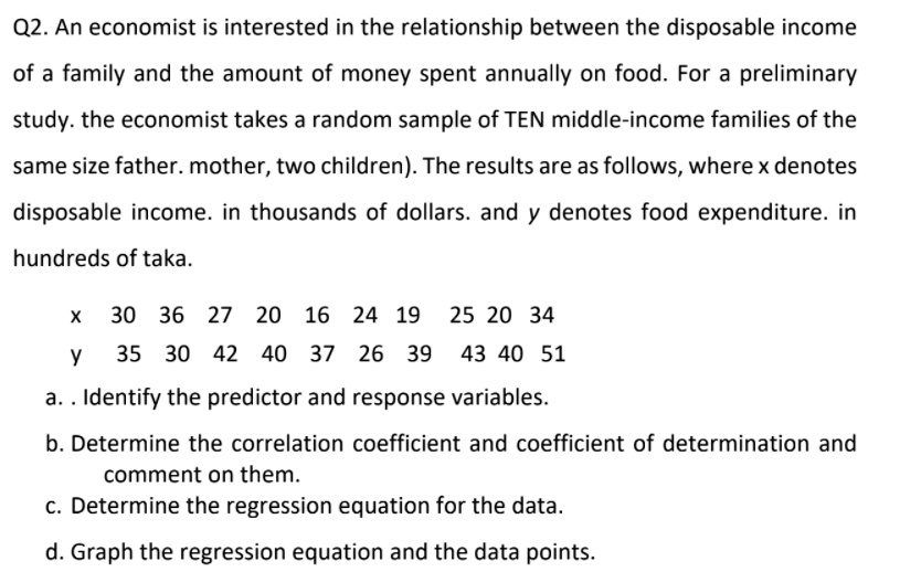 Q2. An economist is interested in the relationship between the disposable income of a family and the amount of money spent annually on food. For a preliminary study, the economist takes a random sample of TEN middle-income families of the same size father, mother, two children). The results are as follows, where x denotes disposable income. in thousands of dollars. and y denotes food expenditure. in hundreds of taka.

x 30 36 27 20 16 24 19 25 20 34
y 35 30 42 40 37 26 39 43 40 51

a. . Identify the predictor and response variables.
b. Determine the correlation coefficient and coefficient of determination and comment on them.
c. Determine the regression equation for the data.
d. Graph the regression equation and the data points.