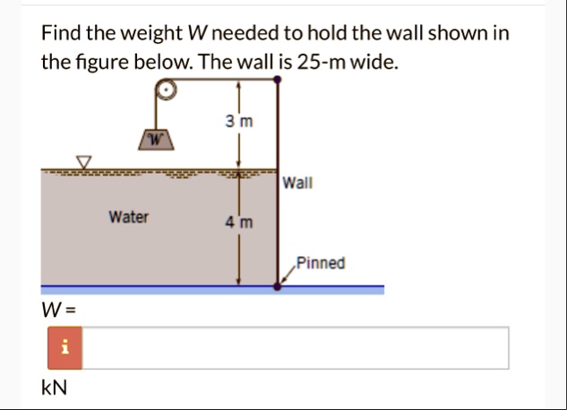 find the weight w needed to hold the wall shown in the figure below the wall is 25 m wide 3 m w wall water 4 m pinned w i kn 96462